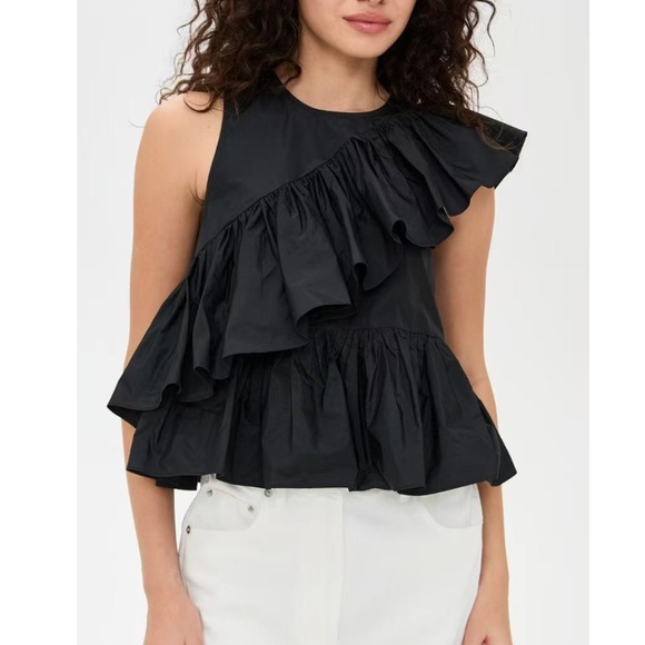 Cinq a Sept 5a7 Micki Woven Ruffle Layer T-Shirt - Black Ruffle Cocktail - Picture 1 of 8
